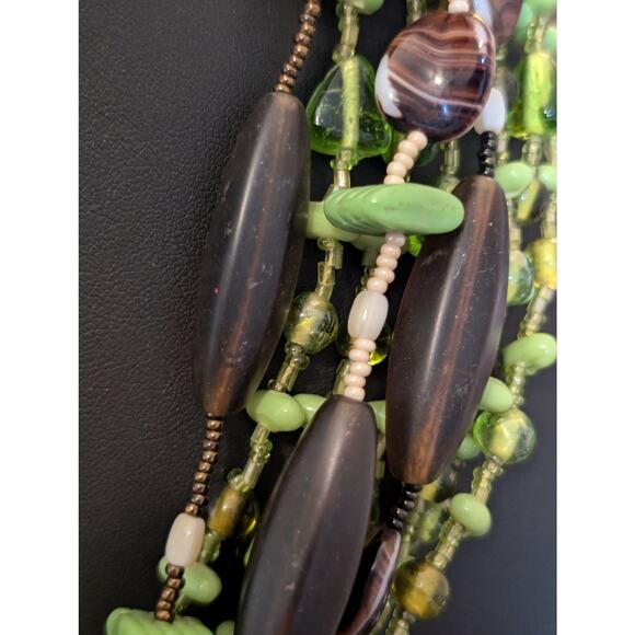 Spring Green Cream & Brown Glass Bead Multi-Strand Choker Necklace - Picture 5 of 7